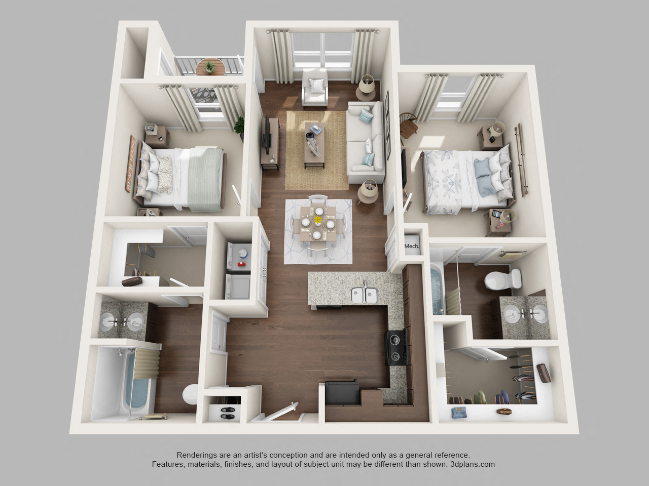 Floor plan for 2 beds, 2 baths, 923 sqft